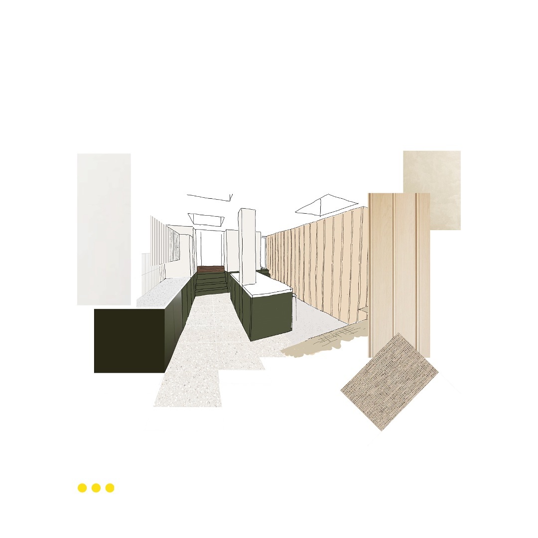 The process of sketching and collaging is a useful tool in our design process to quickly test and explore ideas liberated from the precision and restriction of 2d and 3d tools.
On Aubert Road, we played with textures and tonal qualities of surfaces within the new kitchen extension, inspired by the richly decorated interiors of the existing house.
Using these sketches helped to give shape to initial ideas which then evolved through detailed drawings and selection of materials in line with the sustainability agenda of the project.
We are using tiles from @domustiles, fabrics from @camirafabrics and worktop from @classicquartzstone
#interiorsketch #architecture #architectsketch #sketch #architecture #interiordesign #architecturedesign #interiorarchitecture #kitchendesign #designerkitchen #bespokedesign #bespokeinteriors #residential #residentialdesign #retrofit #sustainability #fabricfirst #collage